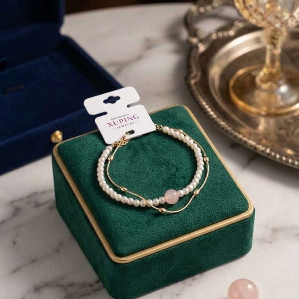 Gold and White Pearl Double Bracelet with Pink Bead